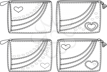 Set Purses for Money with Valentine Hearts, Black Contour on White Background. Vector