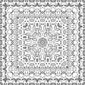 Seamless floral pattern, black symbolical contours isolated on white background. Vector