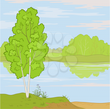 Summer landscape: forest, river and the blue sky with white clouds Vector