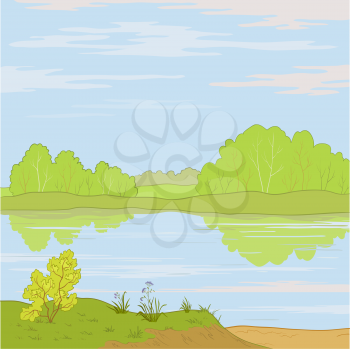 Summer landscape: forest, river and the blue sky with white clouds. Vector