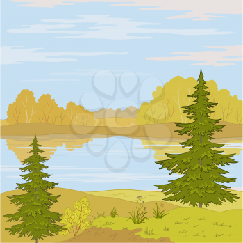 Autumn landscape, forest, river and the blue sky with white clouds. Vector