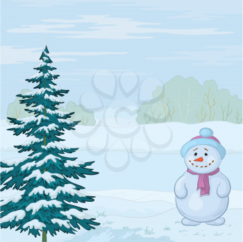 Snowman and Christmas tree on the bank of the winter forest river. Vector
