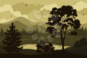 Evening Forest Landscape, Silhouettes Maple and Fir Tree, Bushes, Grass on the Mountain Lake Bank and Cloudy Sky with Birds. Vector