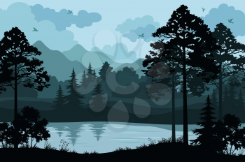 Evening Forest Landscape, Silhouettes Pines and Fir Trees, Bushes, Grass on the Mountain River Bank and Cloudy Sky with Birds. Vector