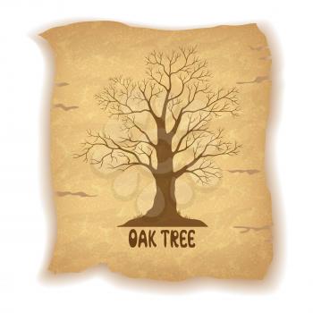 Oak Leafless Tree Silhouette and the Inscription on the Vintage Background of an Old Sheet of Paper. Eps10, Contains Transparencies. Vector