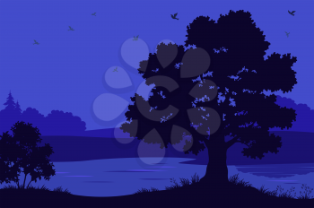 Night Landscape, Oak Tree Silhouettes, Bush and Grass on the Bank of Forest River. Vector