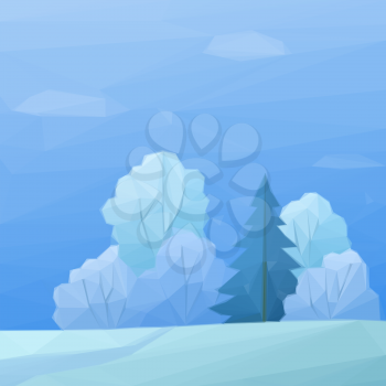 Christmas Landscape, Low Poly Winter Forest with Coniferous and Deciduous Trees and Snow. Vector