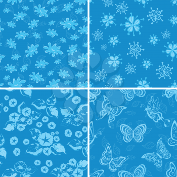 Set abstract seamless backgrounds, symbolical flowers and butterflies on blue. Vector