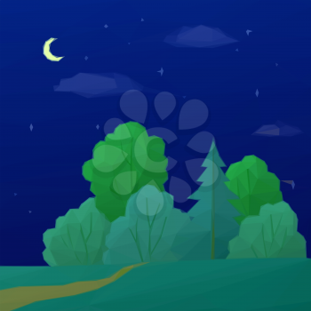 Low Poly Summer Landscape, Night Forest with Green Coniferous and Deciduous Trees and Sky with Clouds, Moon and Stars. Vector