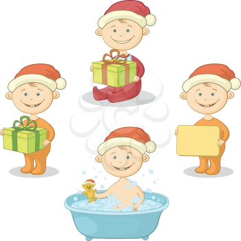 Set Christmas Cartoon Children in Santa Hat, Washing in the Bathroom with a Teddy Bear, With the Gift Boxes and Poster. Vector