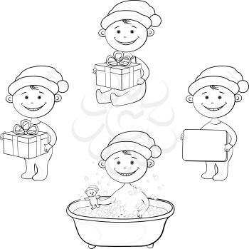 Set Christmas cartoon children in Santa hat: washing in the bathroom with a teddy bear, with the gift boxes and poster, black contour on white background. Vector