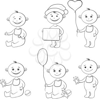 Set cartoon children with toys, balloons and signs, black contour on white background. Vector
