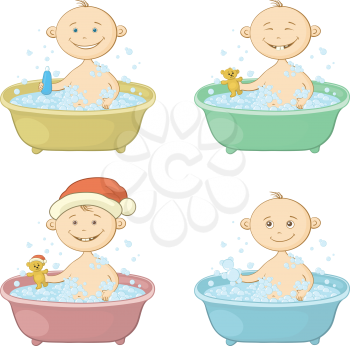 Set Cartoon Children Washing in a Bath, in Santa Claus Hat, with Teddy Bears and Shampoo. Vector