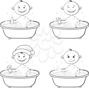 Set cartoon children washing in a bath: in Santa hat, with teddy bears and shampoo, black contour. Vector