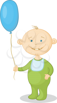 Cheerful smiling child holding a blue balloon. Vector