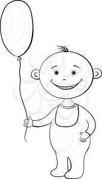 Cheerful smiling child holding a balloon, contours. Vector
