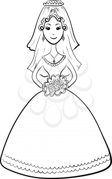 Cartoon bride in wedding dress with a bouquet of flowers, black contours isolated on white background. Vector