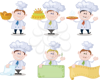 Set of cartoon cooks, chefs, hold basket of bread, cake, pizza, menus and posters. Vector