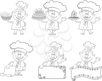 Set of Cartoon Cooks, Chefs, Hold Basket of Bread, Cake, Pizza, Menus and Posters Black Silhouettes Contours Isolated on White Background. Vector