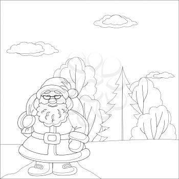 Christmas cartoon: Santa Claus with a bag of gifts on a winter forest glade, contours