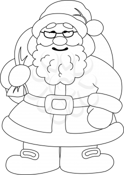 Christmas cartoon: Santa Claus with a bag of gifts, black contour on white background. Vector illustration