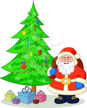Cartoon Santa Claus, green Christmas holiday tree and gift boxes. Vector