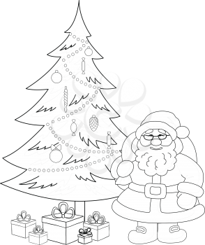 Cartoon Santa Claus, Christmas holiday tree and gift boxes, black contour on white background. Vector