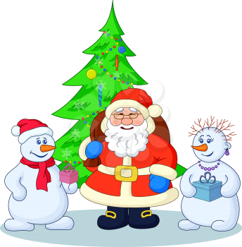 Holiday cartoon, Santa Claus, Christmas tree and snowmans with a gift boxes. Vector illustration