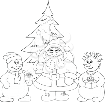 Holiday cartoon, Santa Claus, Christmas tree and snowmans with a gift boxes, black contour on white background. Vector