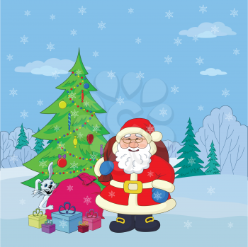 Christmas holiday cartoon, Santa Claus with gifts and a rabbit in the winter forest. Vector