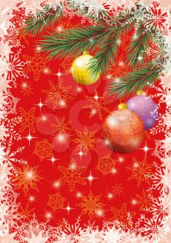 Background for Christmas holiday design, spruce branches, balls, stars and snowflakes. Eps10, contains transparencies. Vector