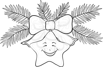Christmas decoration, contours: star - smiley, bow and fir branches. Vector