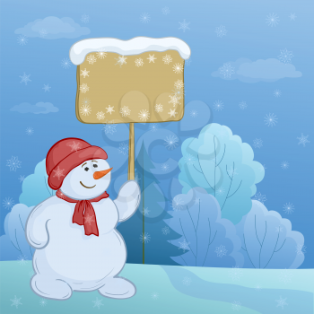 Christmas cartoon, snowmen boy with the poster in the winter forest. Vector