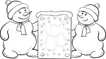 Christmas cartoon, Snowman boys with a banner for your text, contours. Vector