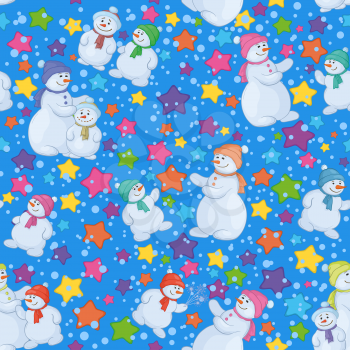Seamless Christmas holiday background, cartoon snowmen and stars. Vector