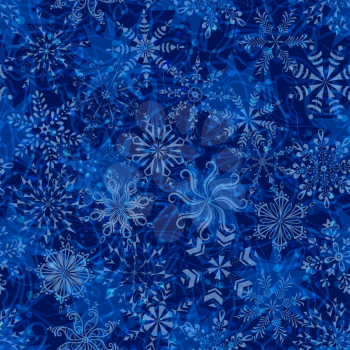 Seamless Christmas pattern, white snowflakes on abstract blue background with curves and circles. Eps10, contains transparencies. Vector