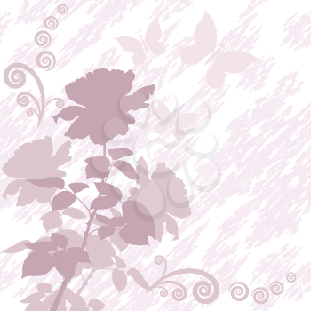 Holiday background with lilac silhouette flower rose, butterflies and abstract pattern. Vector
