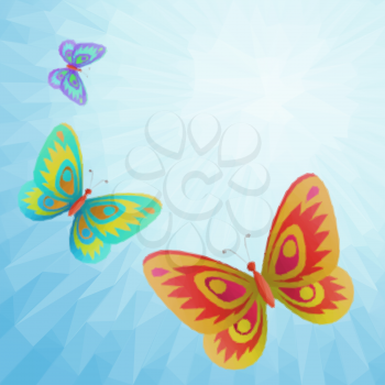 Colorful Butterflies Fly in the Blue Summer Solar Sky with Beams, Low Poly Polygonal Background. Vector