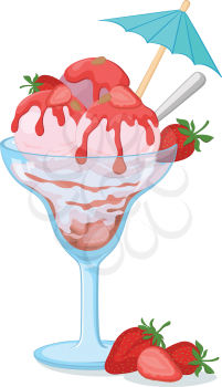 Blue transparent glass with a pink ice cream, strawberries berries and spoon. Eps10, contains transparencies. Vector