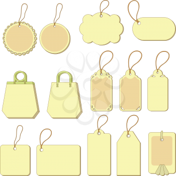 Set of yellow labels and tags with ropes on white background. Vector