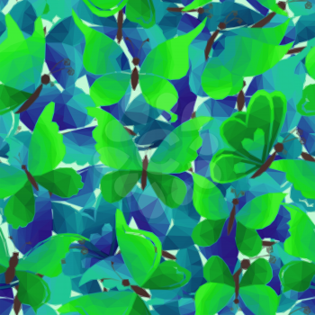 Pattern of Green and Blue Butterflies with Opened Wings, Low Poly Colorful Polygonal Background. Vector