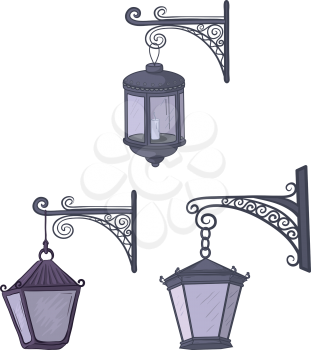 Set vintage street non-luminous lanterns with extinct candles, hanging on a decorative brackets. Vector