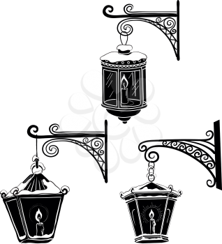 Set vintage street luminescent lanterns covered with snow, hanging on a decorative brackets. Silhouettes. Vector