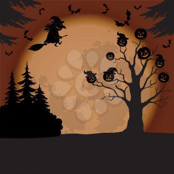 Holiday Halloween landscape with pumpkins Jack O Lantern, witch, trees and bats. Element of this image furnished by NASA (www.visibleearth.nasa.gov). Vector