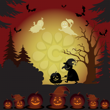 Halloween cartoon landscape with silhouettes of trees, ghosts, witch with a cart, pumpkins and bats. Vector