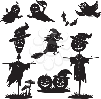 Halloween cartoon, set black silhouette on white background: witch flying on broom, pumpkins, ghost, owl, bat, scarecrow, agaric. Vector