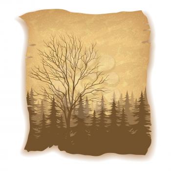 Landscape, Deciduous and Coniferous Fir Trees Silhouettes on Vintage Background of an Old Sheet of Paper. Eps10, Contains Transparencies. Vector