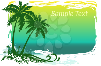 Exotic Landscape, Tropical Palms Trees, Flowers and Grass Silhouettes on Sea Background. Eps10, Contains Transparencies. Vector