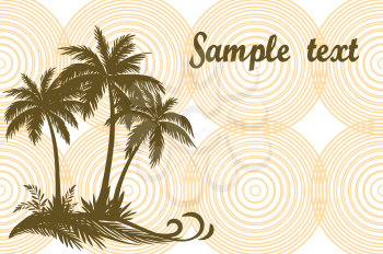 Tropical Landscape, Palms Trees and Grass Brown Silhouettes on Background with Rings. Vector
