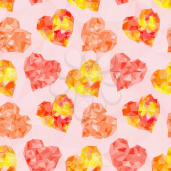 Valentine Holiday Background with Color Hearts, Low Poly Abstract Pattern, Colorful Polygonal Background. Vector